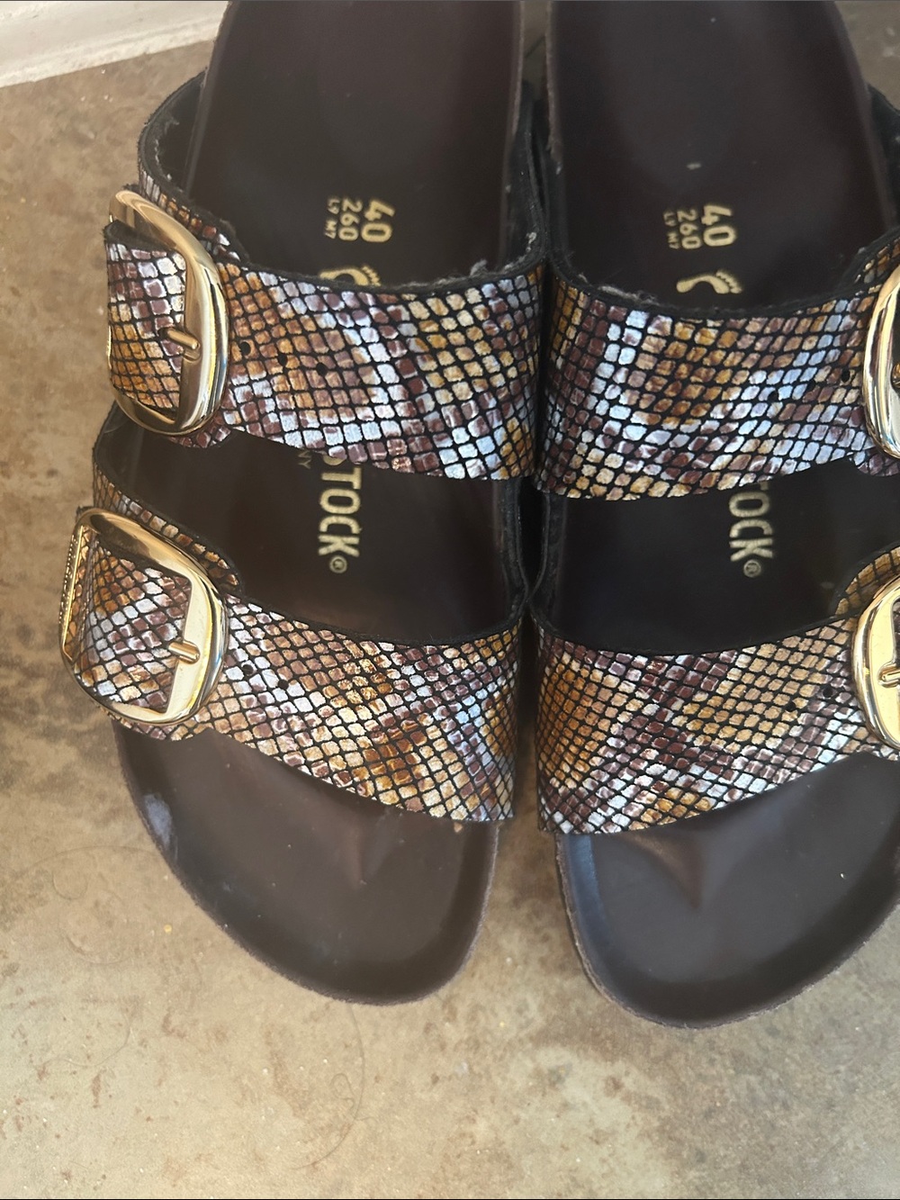 Birkenstock Arizona Snake-Print Sandals in Brown and Gold - Picture 4 of 10